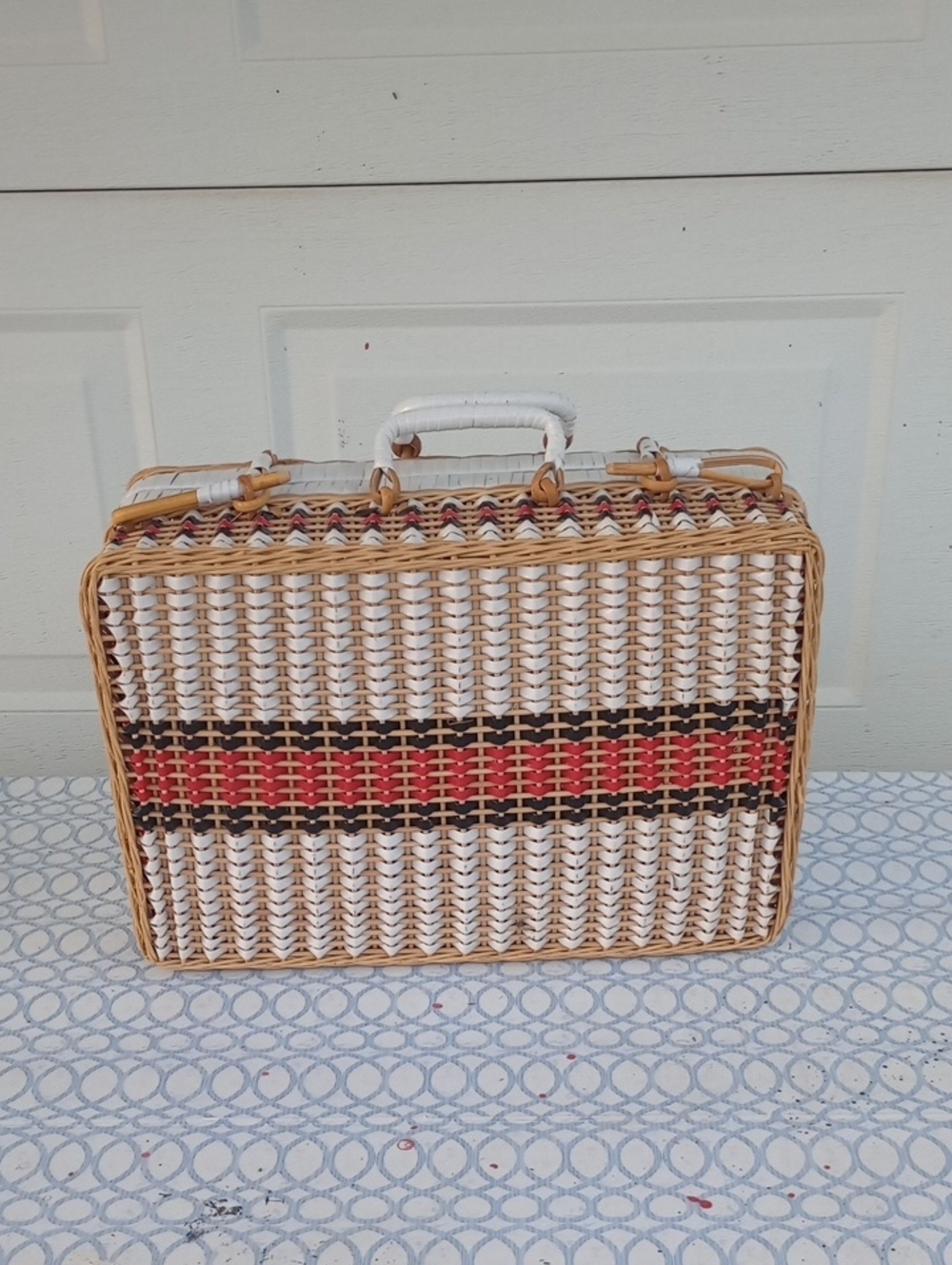 Vintage Woven Wicker Suitcase Picnic Basket • Red Brown Stripe Boho Cottagecore